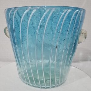 Paolo Venini Murano Blown Glass Art Caribbean Aqua Blue Ice Bucket Bubble Design